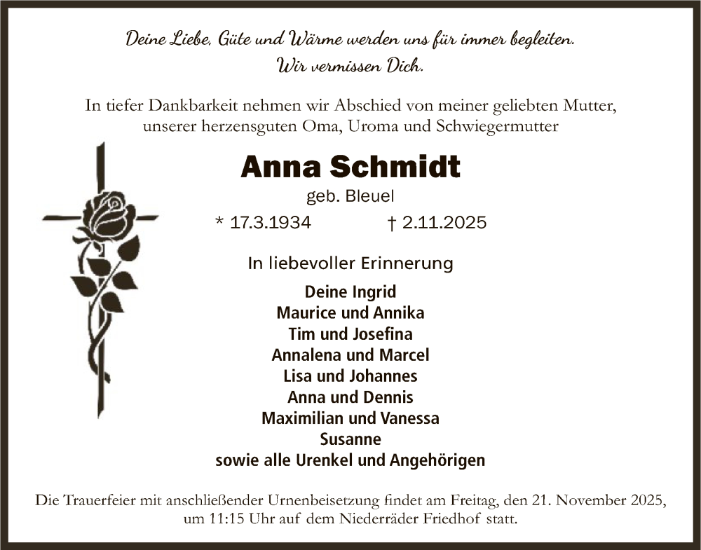  Traueranzeige für Anna Schmidt vom 15.11.2025 aus FNP