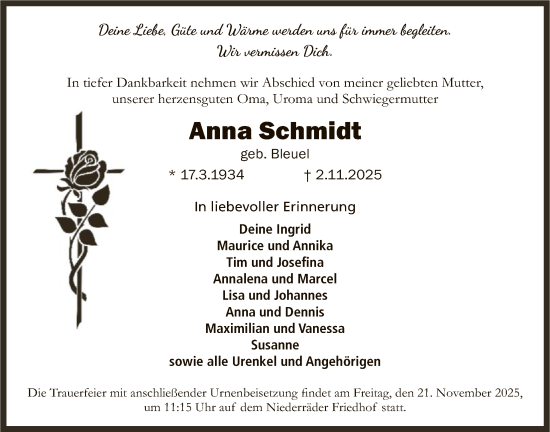 Traueranzeige von Anna Schmidt von FNP