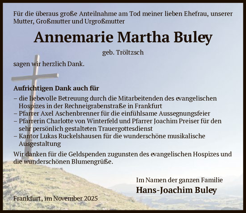  Traueranzeige für Annemarie Martha Buley vom 22.11.2025 aus FNP