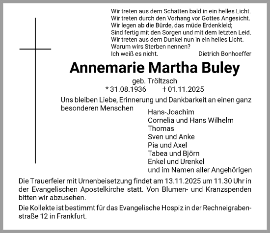 Traueranzeige von Annemarie Martha Buley von FNP