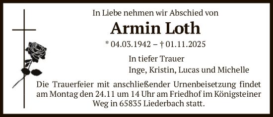 Traueranzeige von Armin Loth von FNP