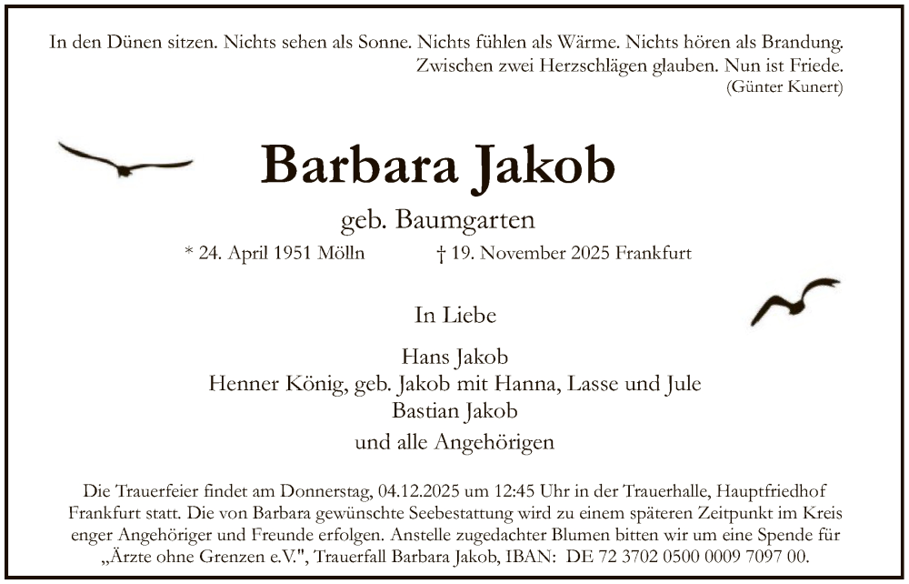  Traueranzeige für Barbara Jakob vom 29.11.2025 aus FNP