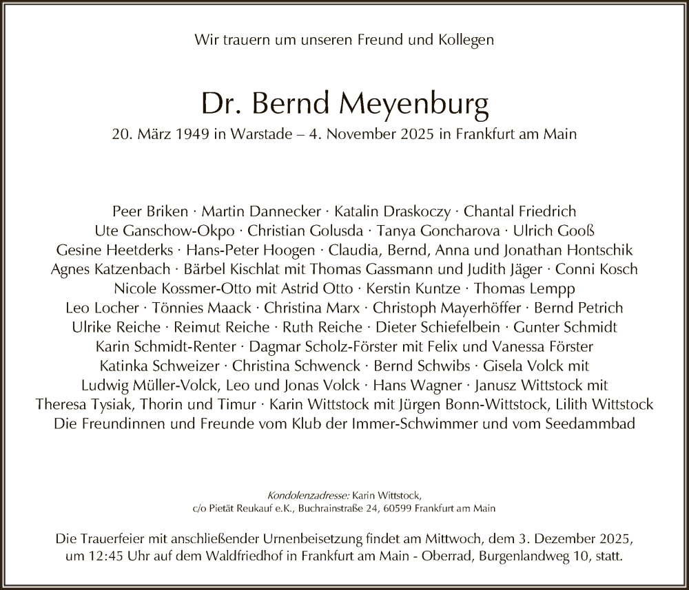  Traueranzeige für Bernd Meyenburg vom 22.11.2025 aus FNP