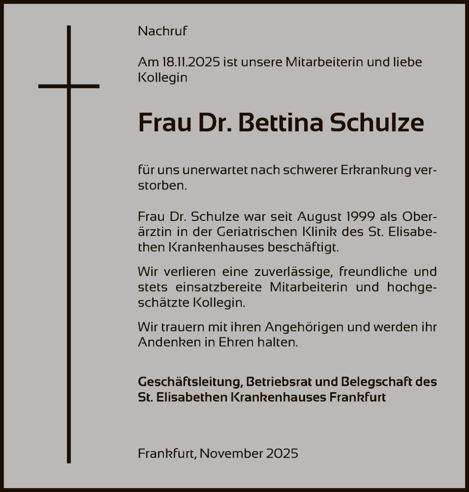  Traueranzeige für Bettina Schulze vom 25.11.2025 aus FNP