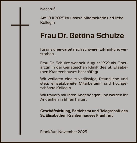 Traueranzeige von Bettina Schulze von FNP