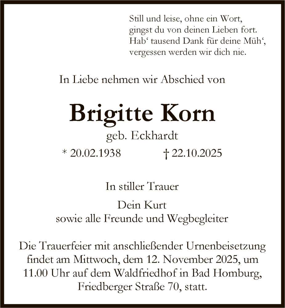  Traueranzeige für Brigitte Korn vom 08.11.2025 aus FNP