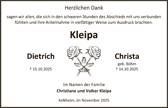 Traueranzeige von Christa Kleipa von FNP