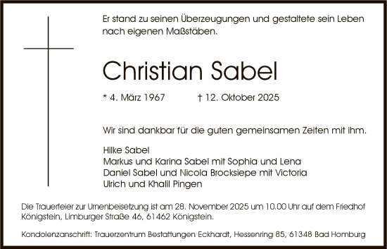 Traueranzeige von Christian Sabel von FNP
