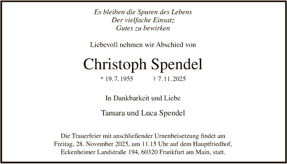  Traueranzeige für Christoph Spendel vom 22.11.2025 aus FNP