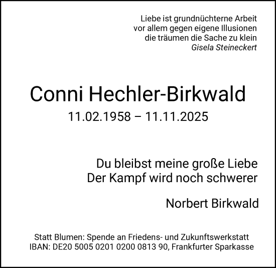 Traueranzeige von Conni Hechler-Birkwald von FNP