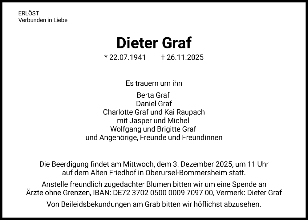  Traueranzeige für Dieter Graf vom 29.11.2025 aus FNP