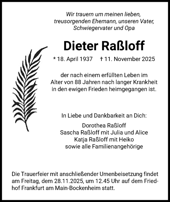 Traueranzeige von Dieter Raßloff von FNP
