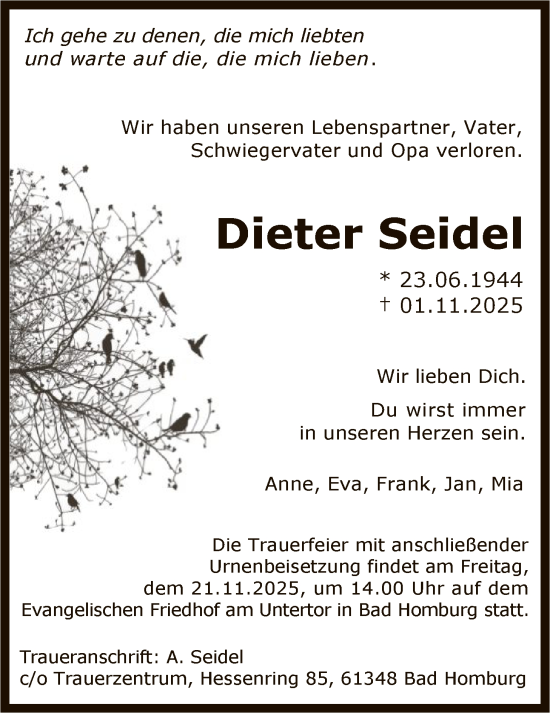 Traueranzeige von Dieter Seidel von FNP