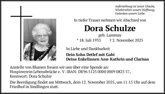 Traueranzeige von Dora Schulze von FNP