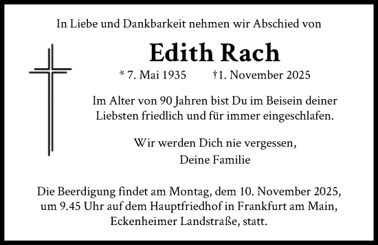 Traueranzeige von Edith Rach von FNP