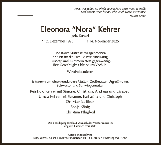 Traueranzeige von Eleonora Kehrer von FNP