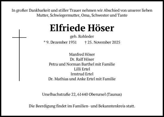 Traueranzeige von Elfriede Höser von FNP