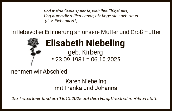 Traueranzeige von Elisabeth Niebeling von FNP