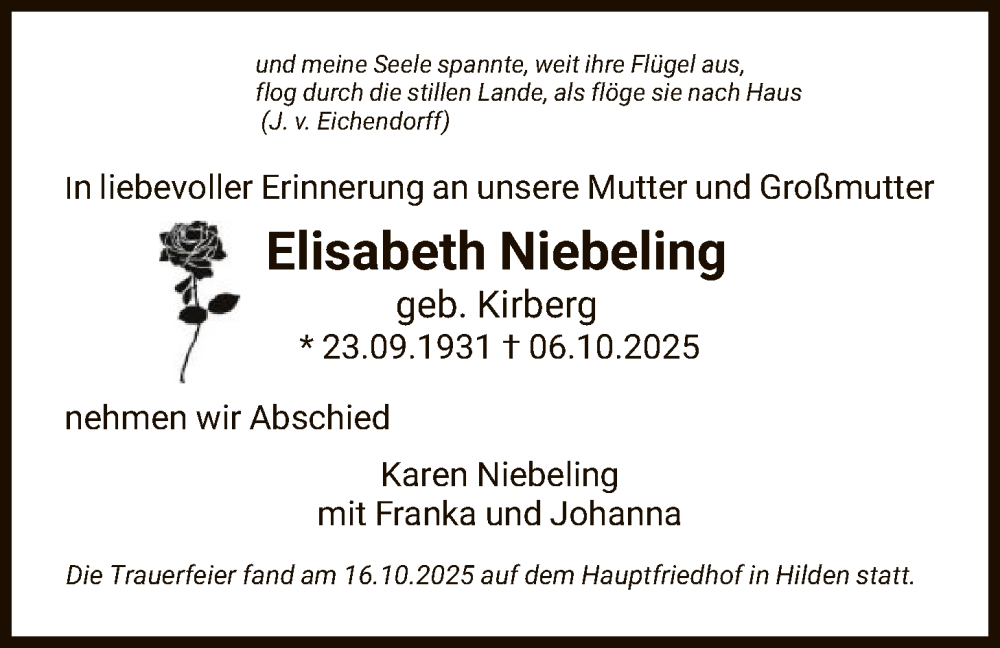  Traueranzeige für Elisabeth Niebeling vom 15.11.2025 aus FNP