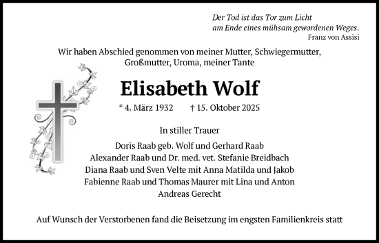 Traueranzeige von Elisabeth Wolf von FNP