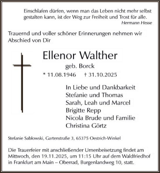Traueranzeige von Ellenor Walther von FNP