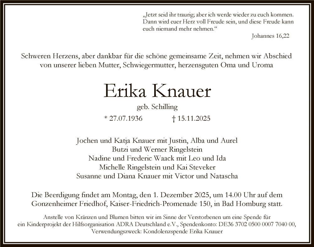  Traueranzeige für Erika Knauer vom 22.11.2025 aus FNP