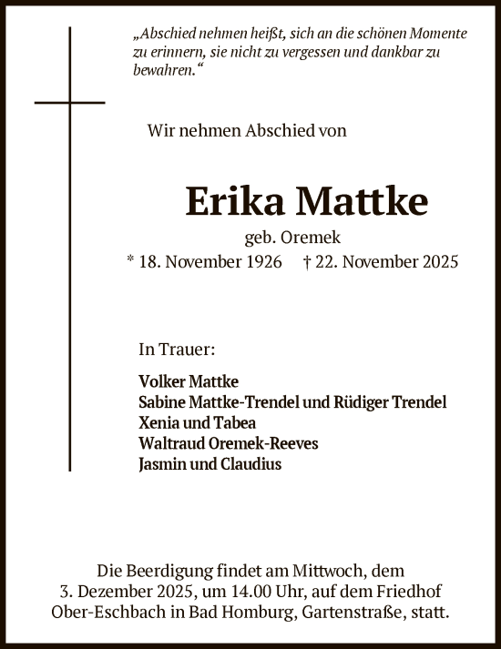 Traueranzeige von Erika Mattke von FNP