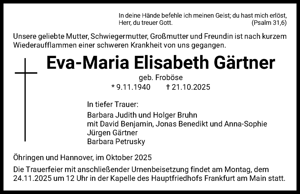  Traueranzeige für Eva-Maria Elisabeth Gärtner vom 08.11.2025 aus FNP