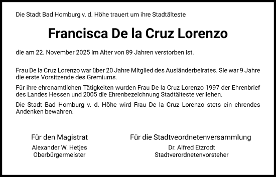 Traueranzeige von Francisca De la Cruz Lorenzo von FNP