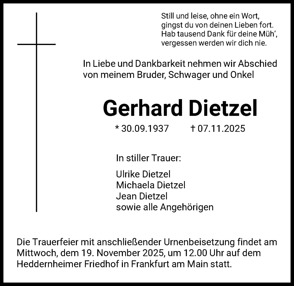  Traueranzeige für Gerhard Dietzel vom 13.11.2025 aus FNP