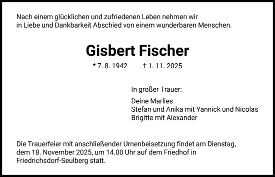 Traueranzeige von Gisbert Fischer von FNP