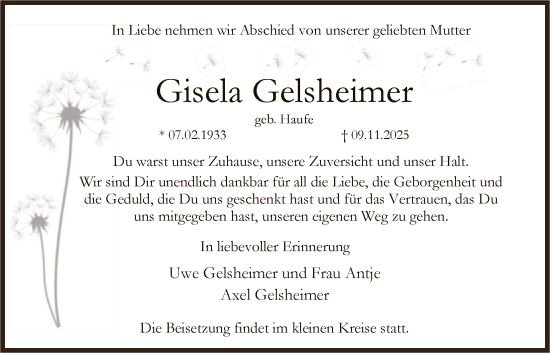 Traueranzeige von Gisela Gelsheimer von FNP