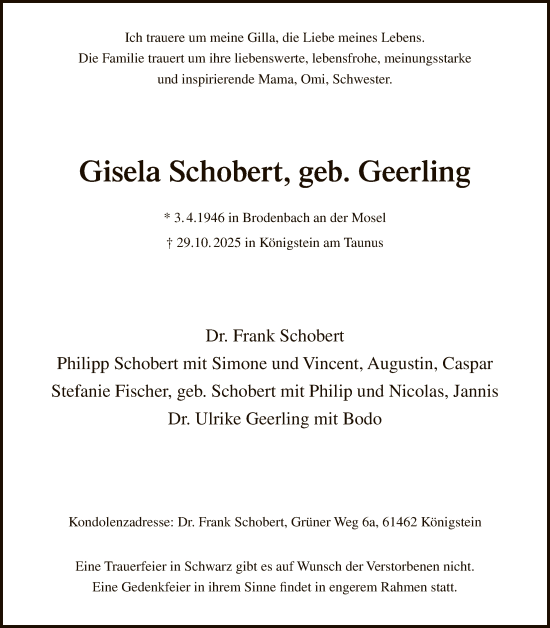 Traueranzeige von Gisela Schobert von FNP