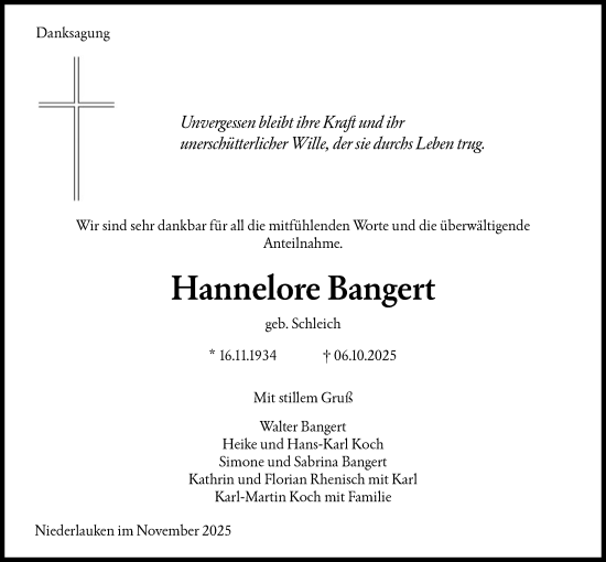 Traueranzeige von Hannelore Bangert von FNP