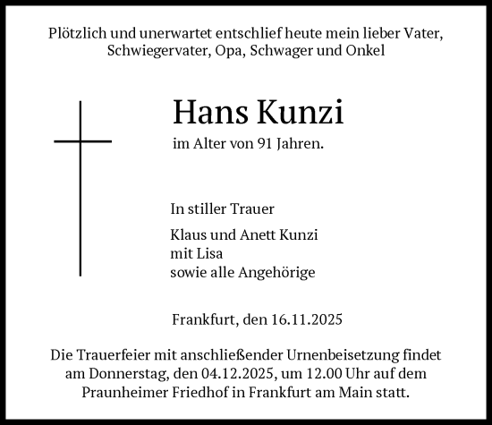 Traueranzeige von Hans Kunzi von FNP