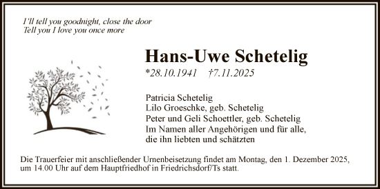 Traueranzeige von Hans-Uwe Schetelig von FNP