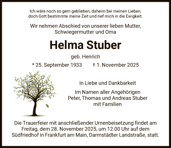 Traueranzeige von Helma Stuber von FNP