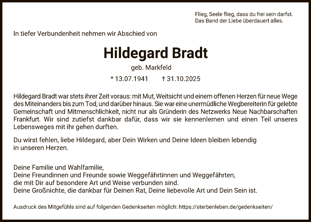  Traueranzeige für Hildegard Bradt vom 08.11.2025 aus FNP