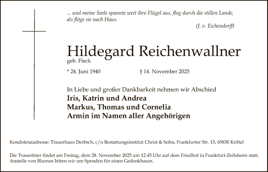 Traueranzeige von Hildegard Reichenwallner von FNP