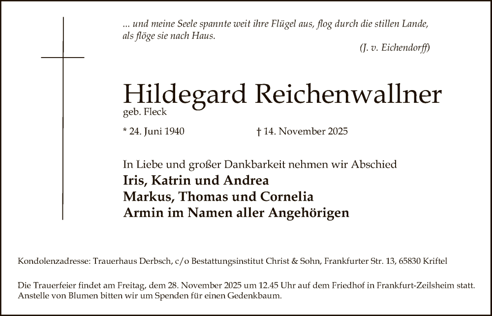  Traueranzeige für Hildegard Reichenwallner vom 22.11.2025 aus FNP