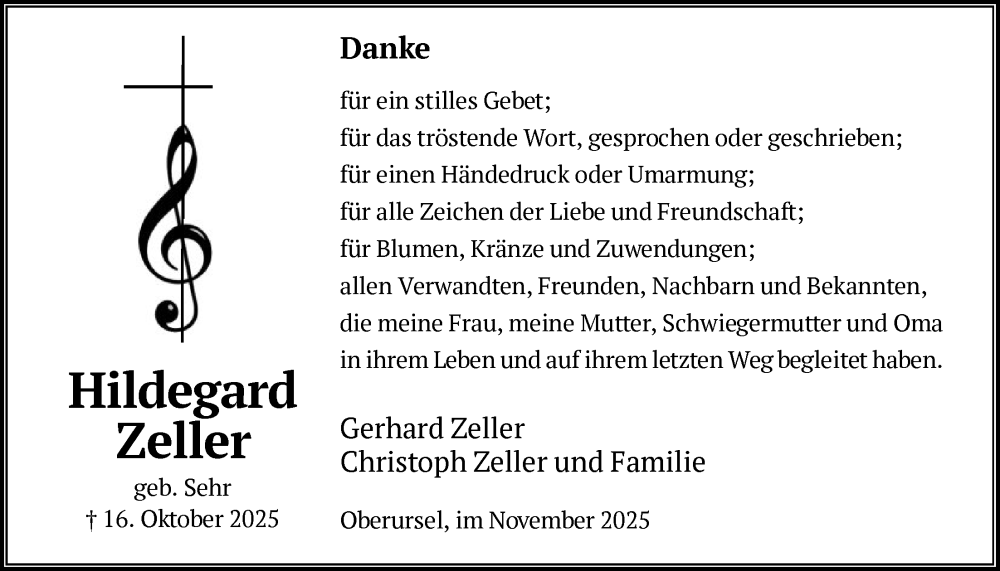  Traueranzeige für Hildegard Zeller vom 08.11.2025 aus FNP