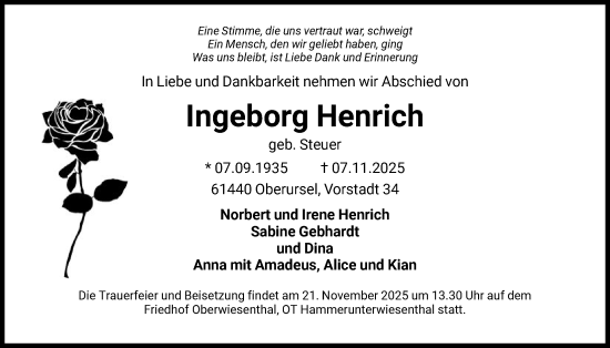 Traueranzeige von Ingeborg Henrich von FNP