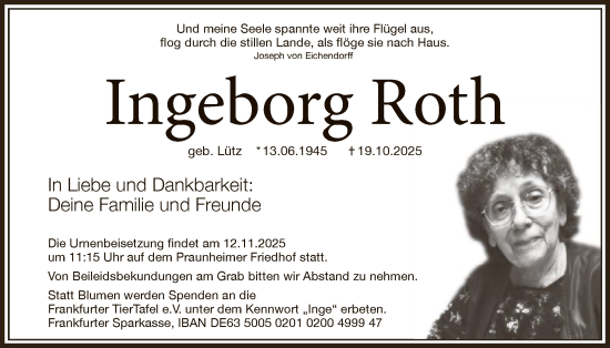 Traueranzeige von Ingeborg Roth von FNP