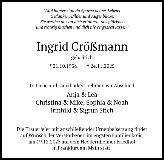 Traueranzeige von Ingrid Crößmann von FNP