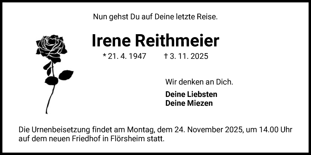  Traueranzeige für Irene Reithmeier vom 15.11.2025 aus FNP