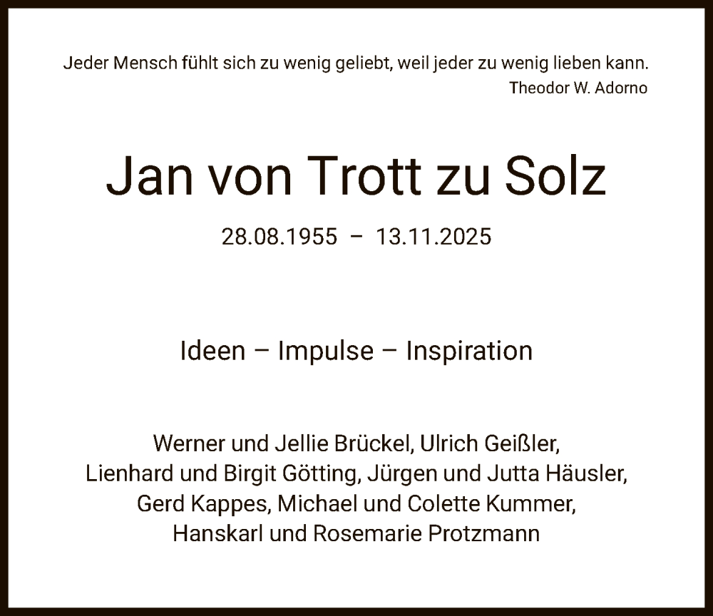  Traueranzeige für Jan von Trott zu Solz vom 29.11.2025 aus FNP