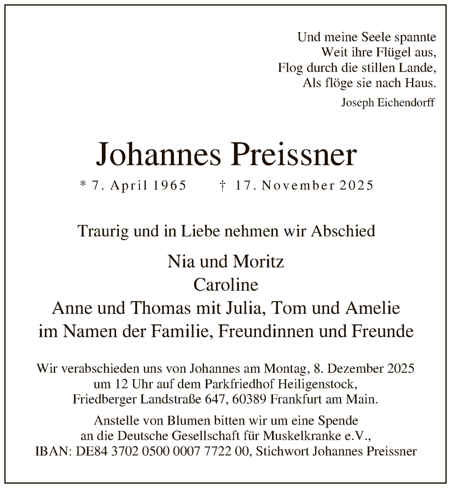  Traueranzeige für Johannes Preissner vom 29.11.2025 aus FNP