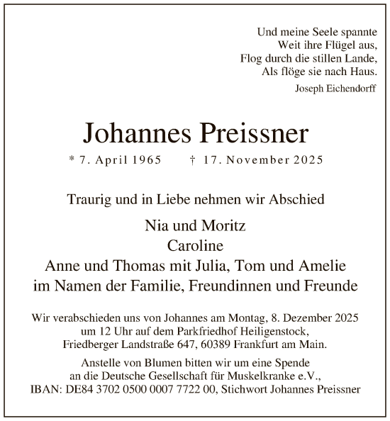 Traueranzeige von Johannes Preissner von FNP