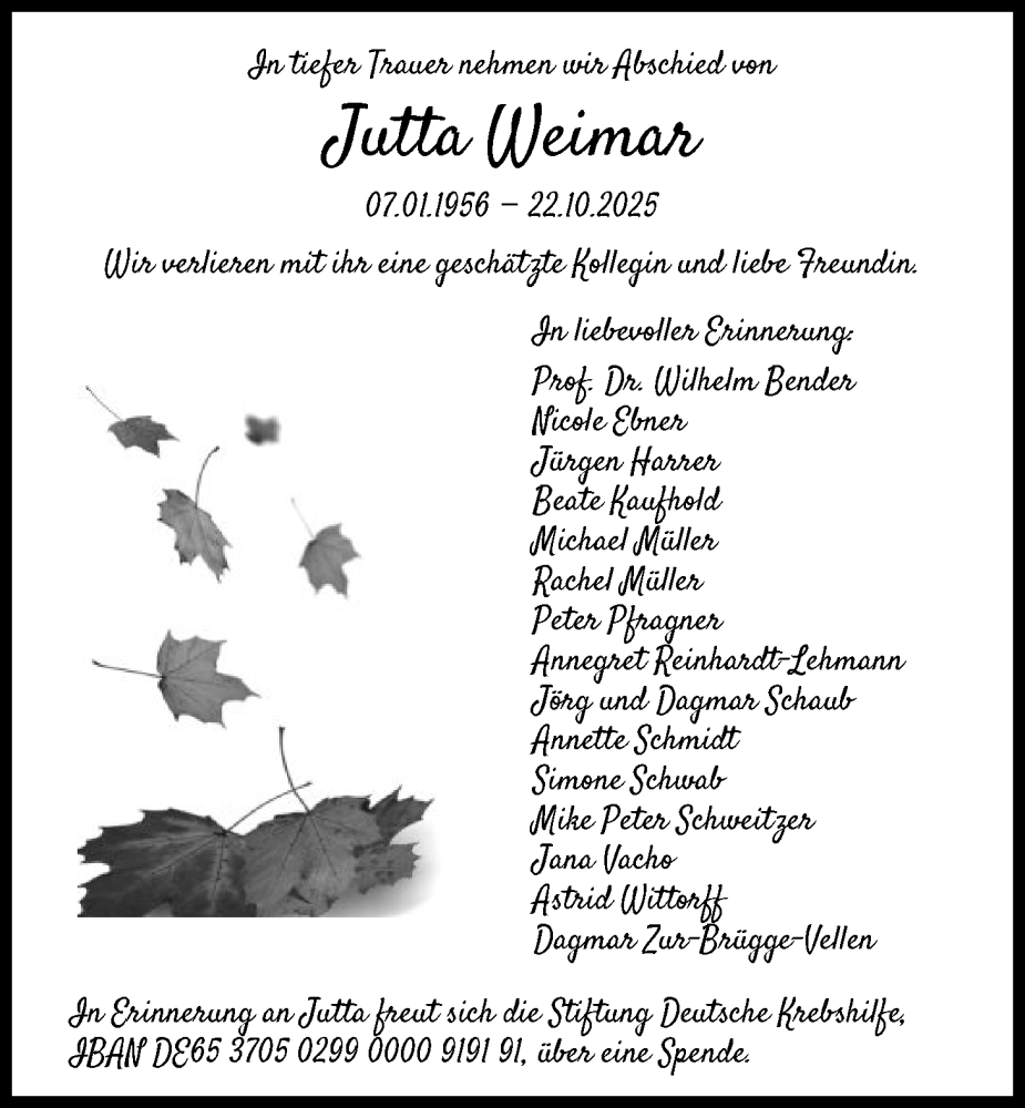  Traueranzeige für Jutta Weimar vom 22.11.2025 aus FNP