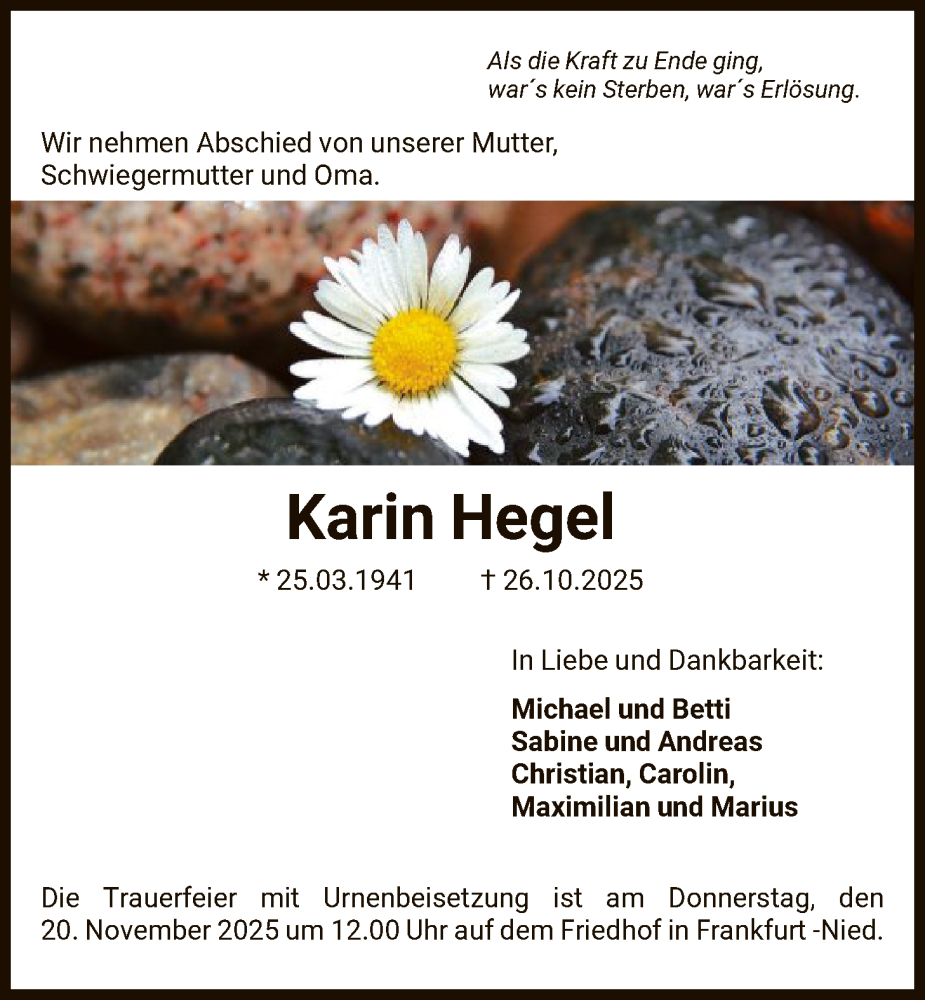  Traueranzeige für Karin Hegel vom 15.11.2025 aus FNP